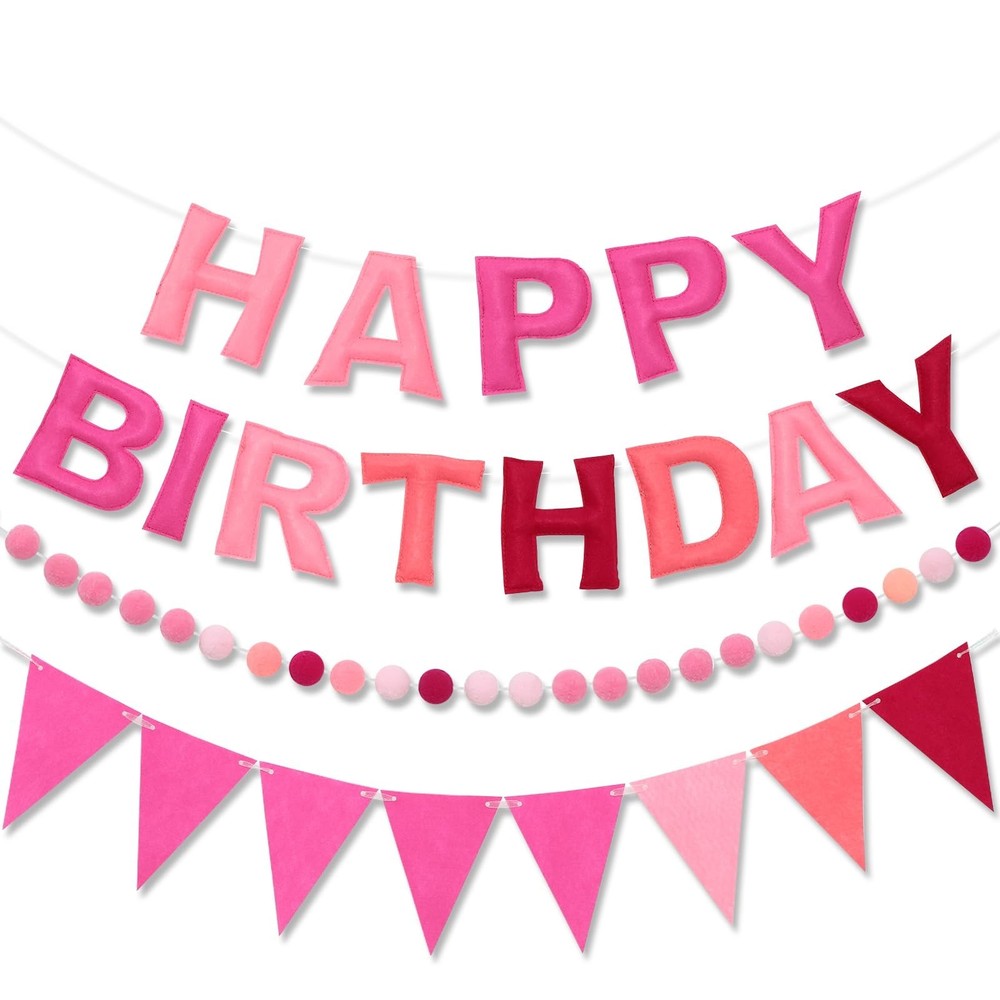 Pre-Strung Happy Birthday Banner & Felt Garland Set – Ombre Pink Birthday Dec…