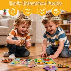 Wooden Toddler Puzzles – 4 Pcs Eco-Friendly Animal Patterns Jigsaw With Handl…
