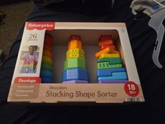 New Fisher Price Mattel Wooden Stacking Shape Sorter 26 Pieces 18 m +