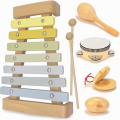 Natural Wood Musical Instruments Set for Toddlers 1-3, 5-in-1 Baby Toy