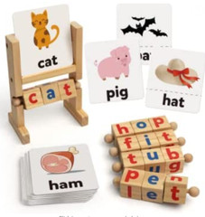 Coogam Wooden Reading Blocks Short Vowel Rods Spelling Games, Flash Cards Turnin