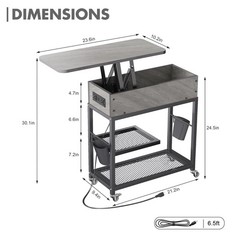 Colima Lift Top End Table with Charging Station and Wheels, Sofa Side Table w…