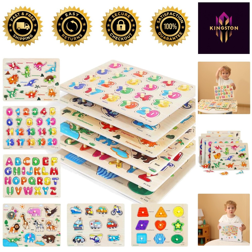 GRINNNIE Toddler Puzzle Gift Set – 6 Pack Animals, Numbers, Shapes for Ages 3-5