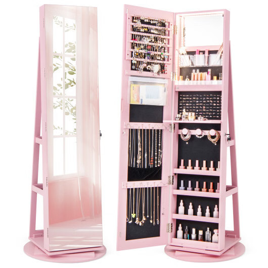 360° Rotating Mirrored Jewelry Cabinet Armoire 3 Color LED Modes Lockable-Pink –