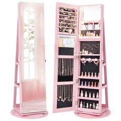 360° Rotating Mirrored Jewelry Cabinet Armoire 3 Color LED Modes Lockable-Pink –