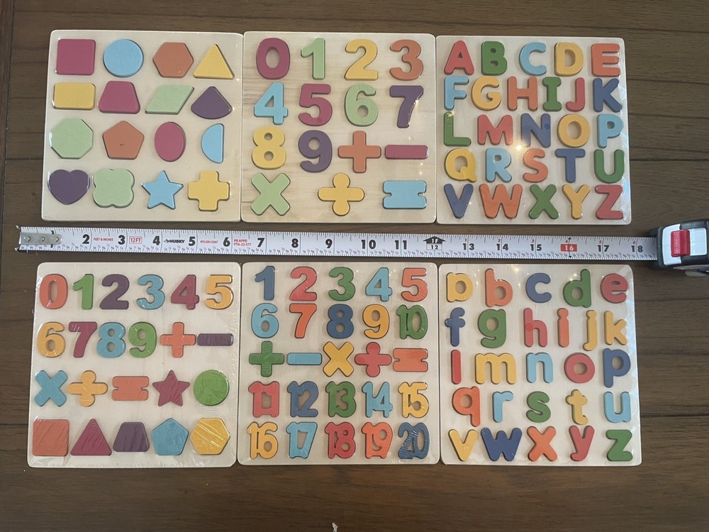 6 Montessori Wooden Alphabet, Numbers, Shape Puzzles- Fun Learning for Toddlers