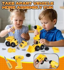 Kids Tool Bench with Electric Drill and Construction Vehicles, 2-in 24.6″ Tall