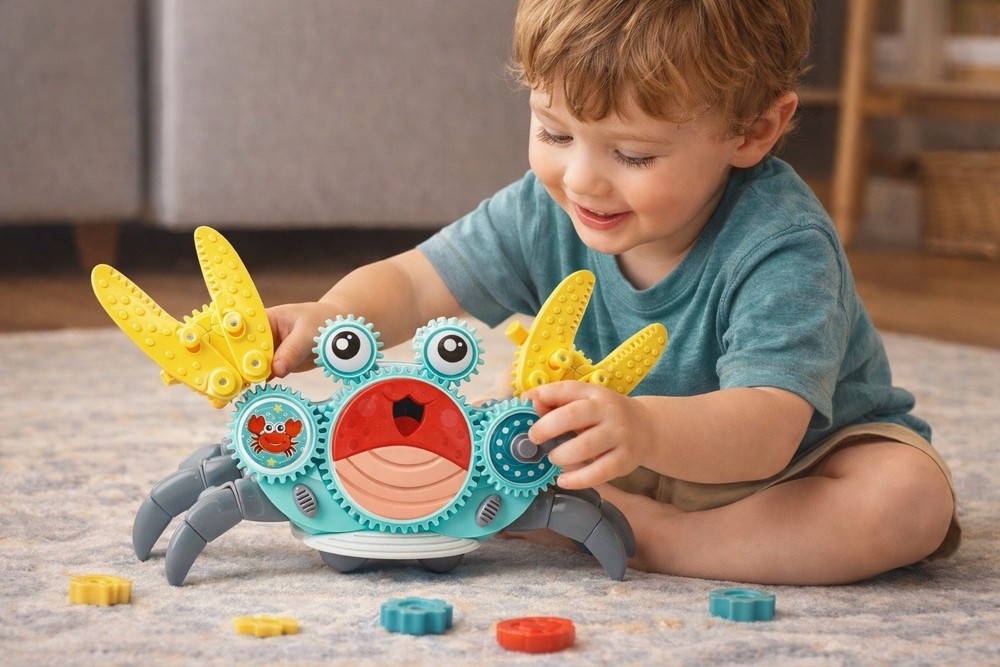 Crawling Crab Gear Set – Tummy Time Musical Crab Toy Stacking & Building Blocks