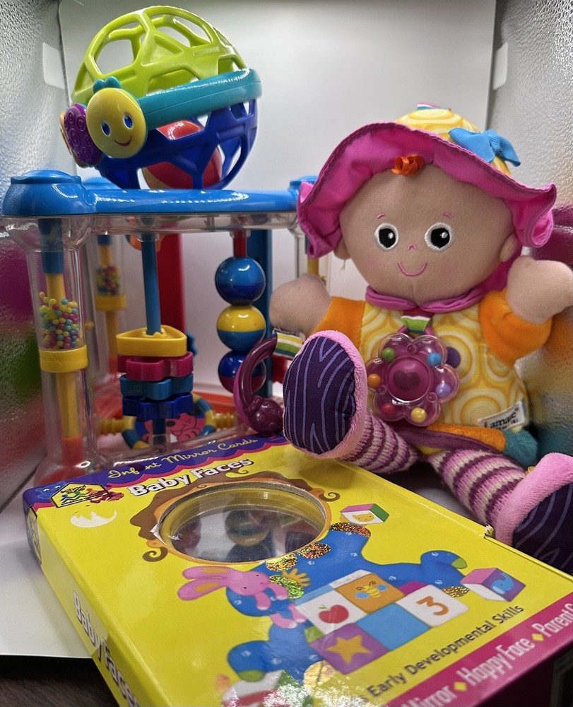 4-Infant Toys-Doll Rattle,Baby Faces Book,Rattle Ball,Infantino- See Description