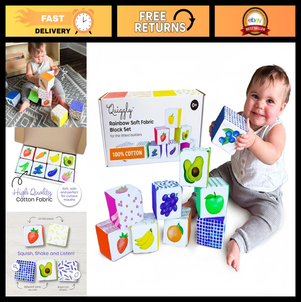 Colorful Montessori Baby Blocks – 8 Soft Sensory Stacking Toys, Non-Toxic Rattle