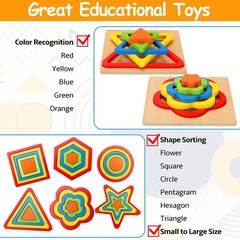 Toddler Puzzles Montessori Toy Wooden Shape Sorting Puzzle Sensory Toy Toddle…