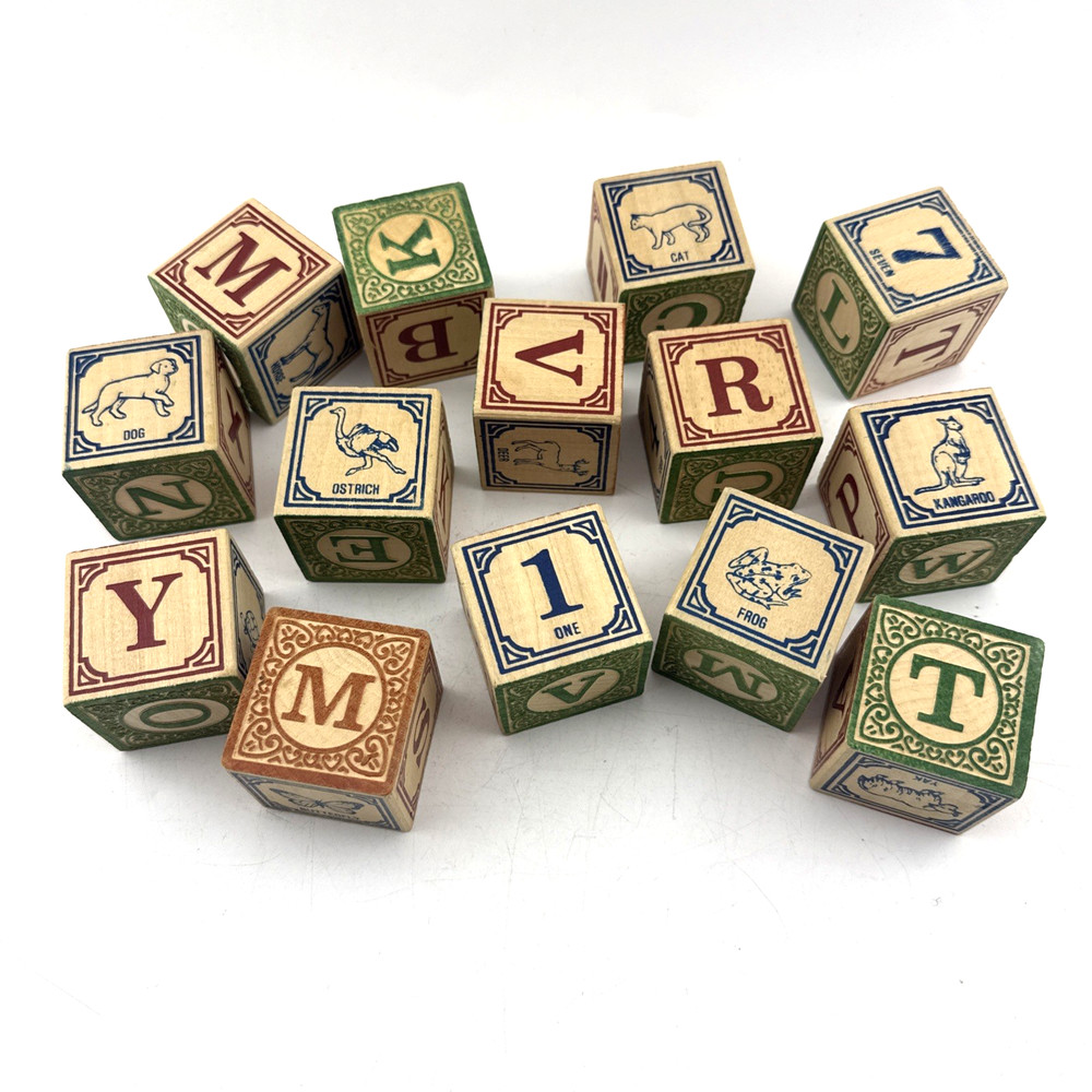 Wood Alphabet Number Animal Learning Blocks Lot of 14 Random Used