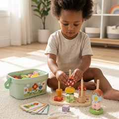 Wooden Stacking Beads Game Toddler Montessori Learning Toy with Storage Box