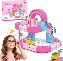 Pink Electric Train Set 3D Flexible Race Track for Kids Ages 3 4 5 6 7 8, DIY Mo