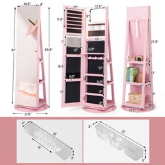360° Rotating Mirrored Jewelry Cabinet Armoire 3 Color LED Modes Lockable-Pink –