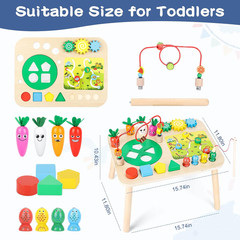 Activity Table for 1+ Year Old Girls Boys, 7-In-1 Wooden Montessori Toys, Activi