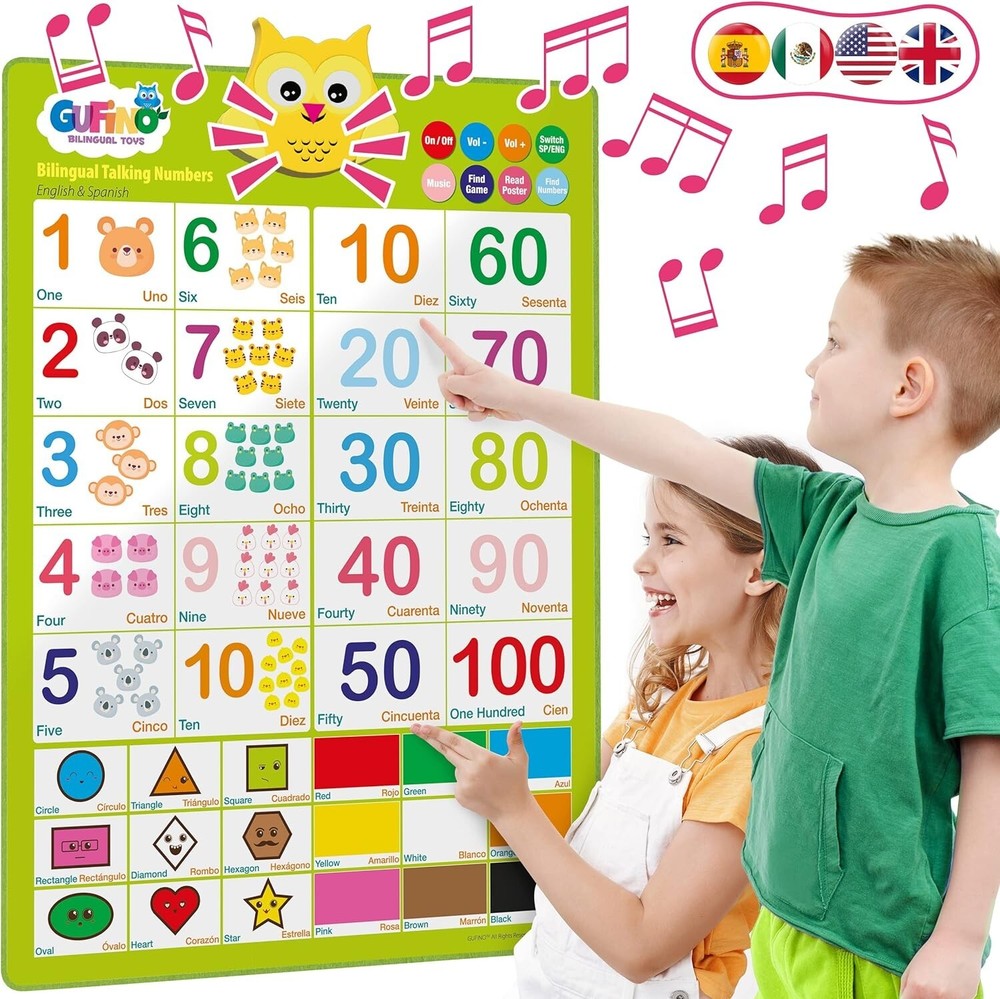 Bilingual Talking Numbers Kids Education Poster English & Spanish Shapes Colors