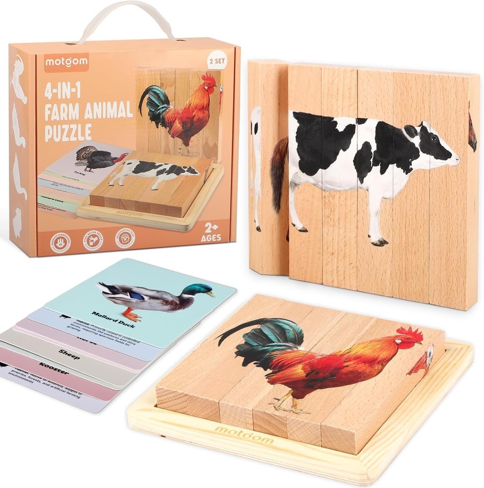 Motgom 4-in-1 Farm Animal Wooden Puzzle Montessori Toddler Preschool Toys Set
