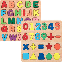 Wooden Alphabet & Numbers Shapes Puzzle Set Educational Board for Toddlers Kids