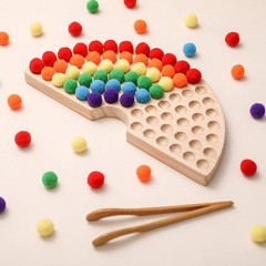 Rainbow Wooden Bead Game: Montessori Color Sorting and Counting Toy for Toddlers