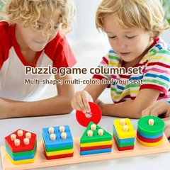 Wooden Geometric Shape Sorter Stacking Blocks Montessori Learning Toy Kids Gift