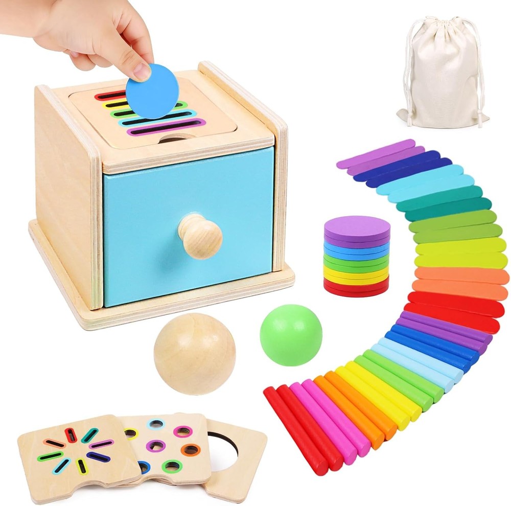 4-in-1 Montessori Coin Box Toy for Toddlers 1-3 Years, Wooden Educational Play