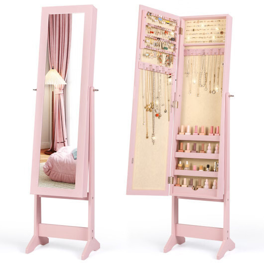 Mirrored Standing Jewelry Cabinet Storage Box-Pink – Color: Pink