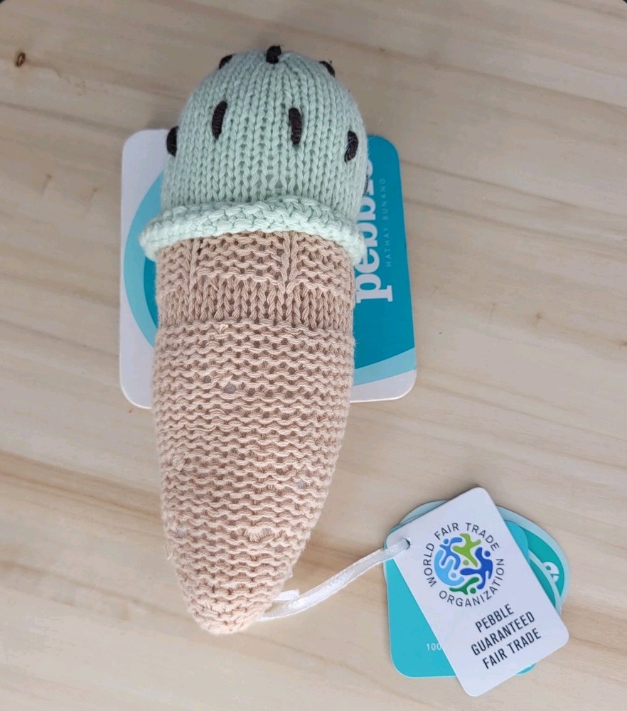 Pebble Fair Trade Ice Cream Baby Rattle Handmade Organic Cotton Toy New w/Tag