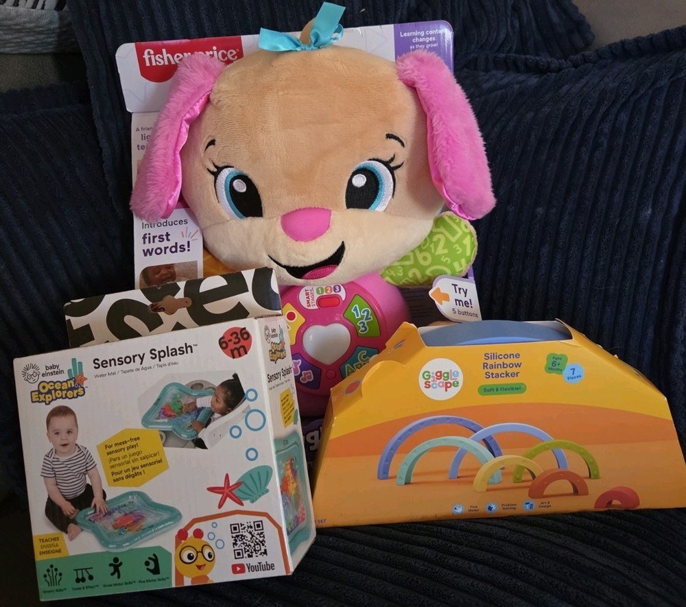 6 MONTH TOY BUNDLE: Laugh & Learn, Rainbow Stacker, Sensory Splash ALL NEW