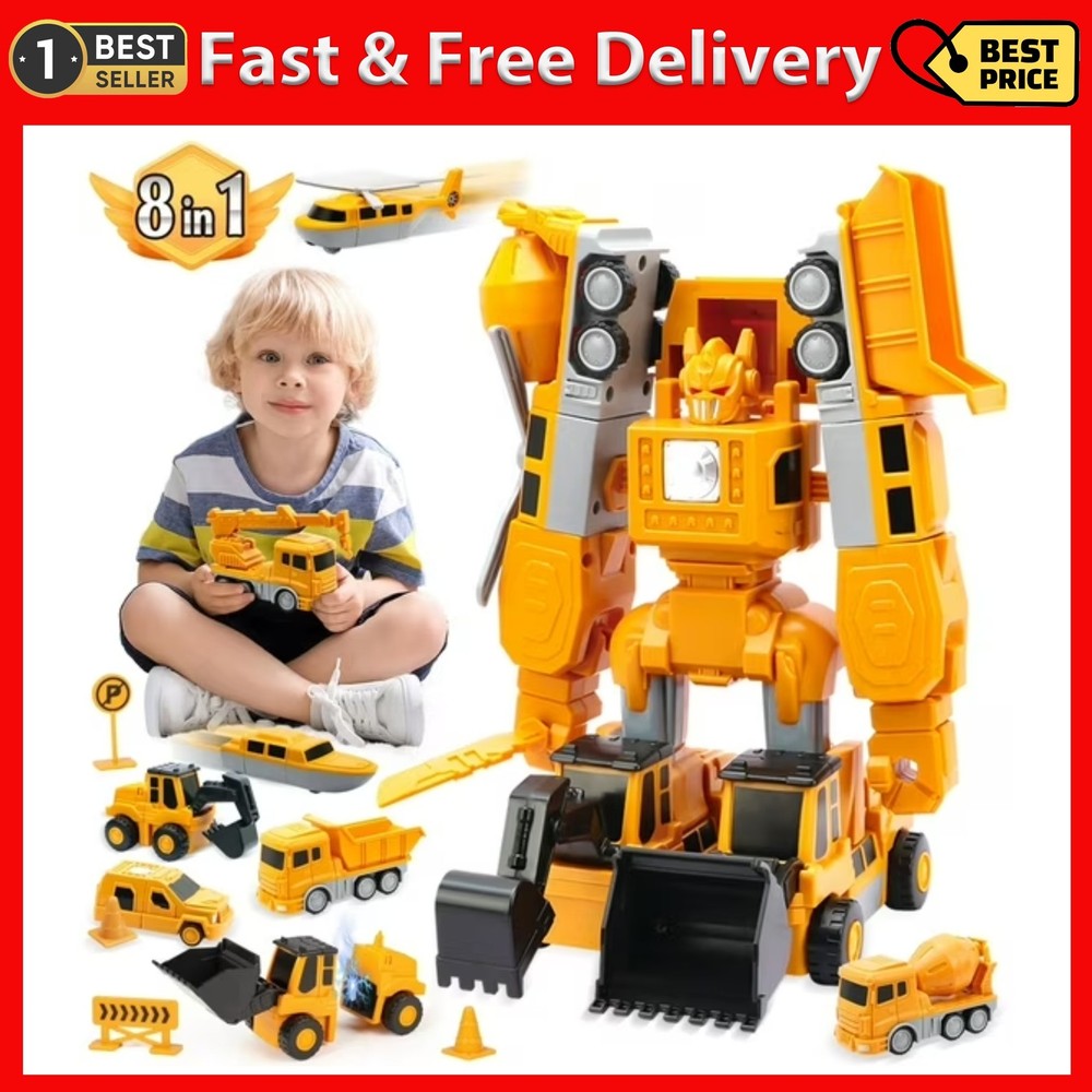Huge Wave 8-In-1 Construction Vehicles Boys Toys Set, 12+ Inch Magnetic