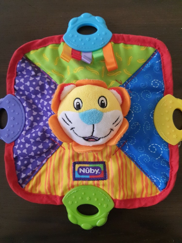 Nuby Plush Lion Teething Security Blanket Multi-Color Squeak Crinkle Teether Toy