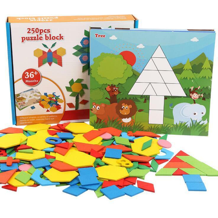 Wooden Pattern Blocks Set 250 Pcs Montessori Tangram Geometric Shape Puzzle