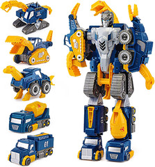 Toddler Construction Car Transform Set, 5Pcs Dinosaur Rescue Robot with Magnetic