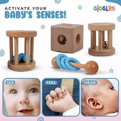 Giggles Montessori BLUE Wooden Baby Toy & Wooden Baby Rattle, 0-6 Months Toys