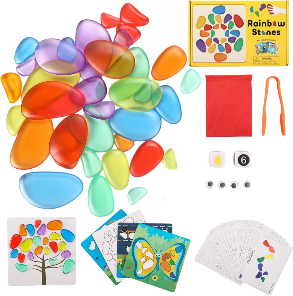 36 Pcs Translucent Pebbles, Rainbow Stones – Light Table Toys | 6 Sizes & 6 Colo