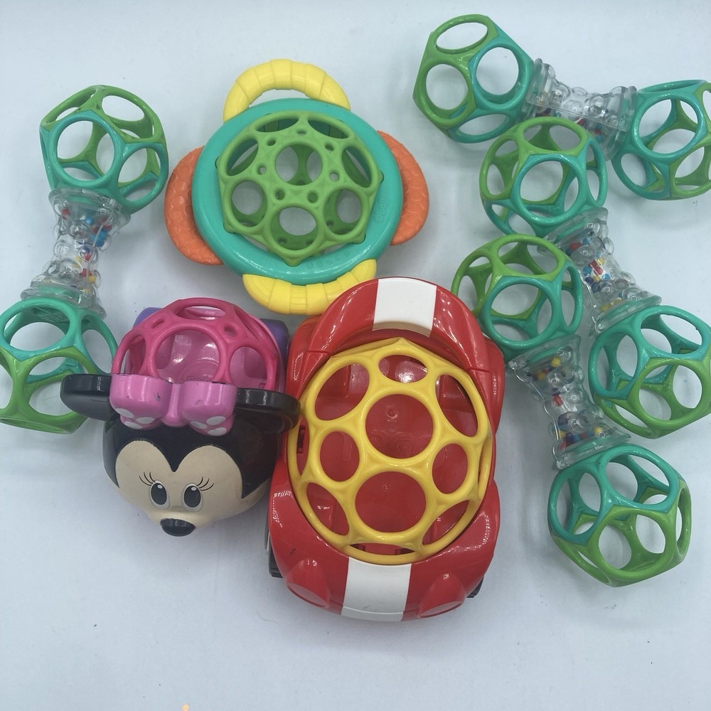 Oball O-Balls LOT B 7 Barbells Red Car Minnie Mouse Vehicle Baby Infant Toys EUC