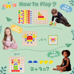 Wooden Pattern Blocks with Grid Board 142PCS Wood Mosaic Tiles Montessori Shape