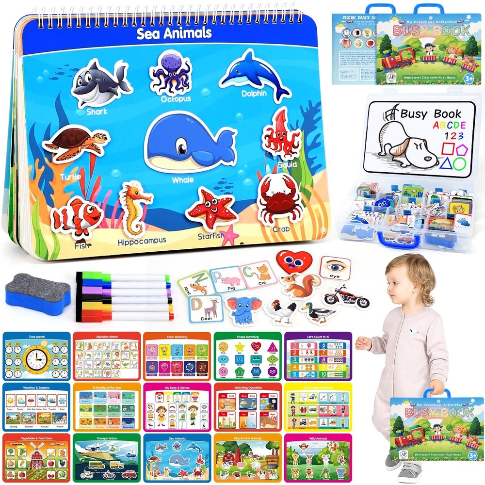 Busy Book with Classified Storage Box & Double-Sided Writing Board, 15 Themes…