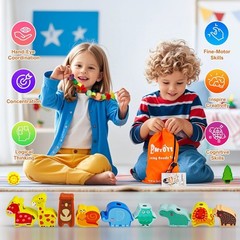 Montessori Wooden Threading Beads – Safe Farm Animal & Fruit Lacing Toy for Kids
