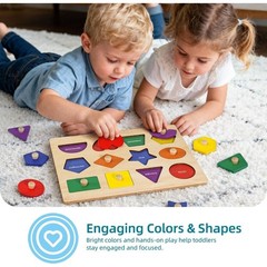 Wooden Shape Peg Puzzle Board, Educational Geometric Learning Board with Knobs,