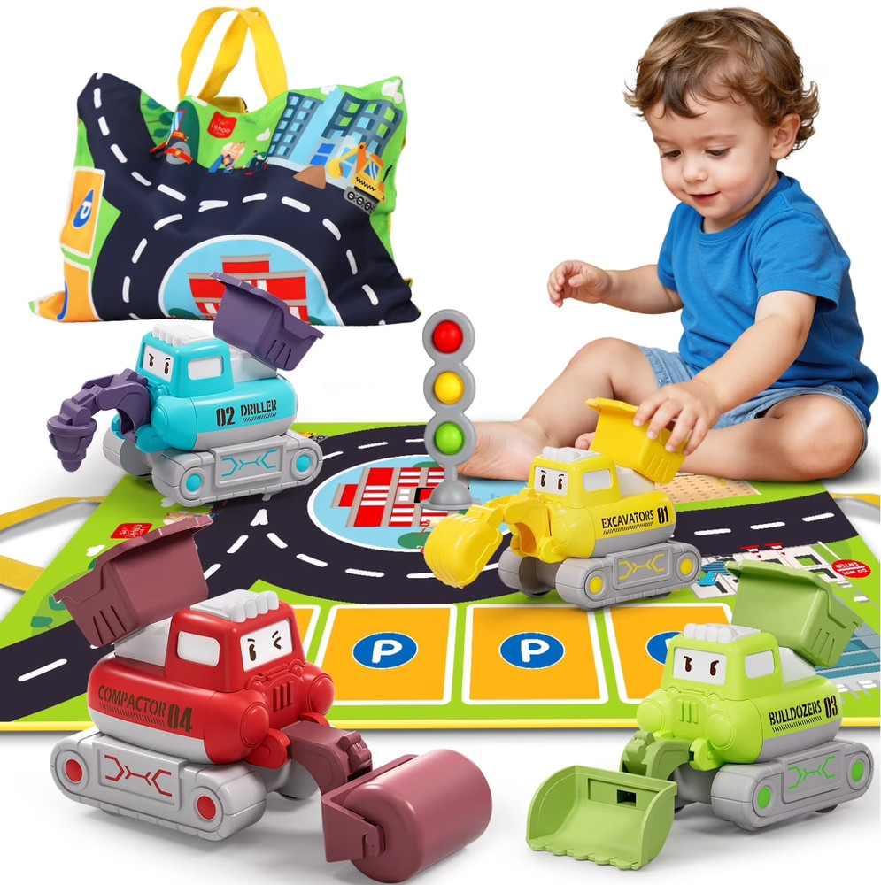 Toys for 1 2 3 Year Old Boys Toddler Construction Vehicle Toy Cars with Playmat