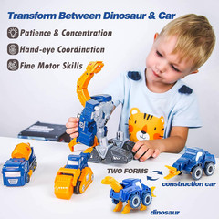 Toddler Construction Car Transform Set, 5Pcs Dinosaur Rescue Robot with Magnetic