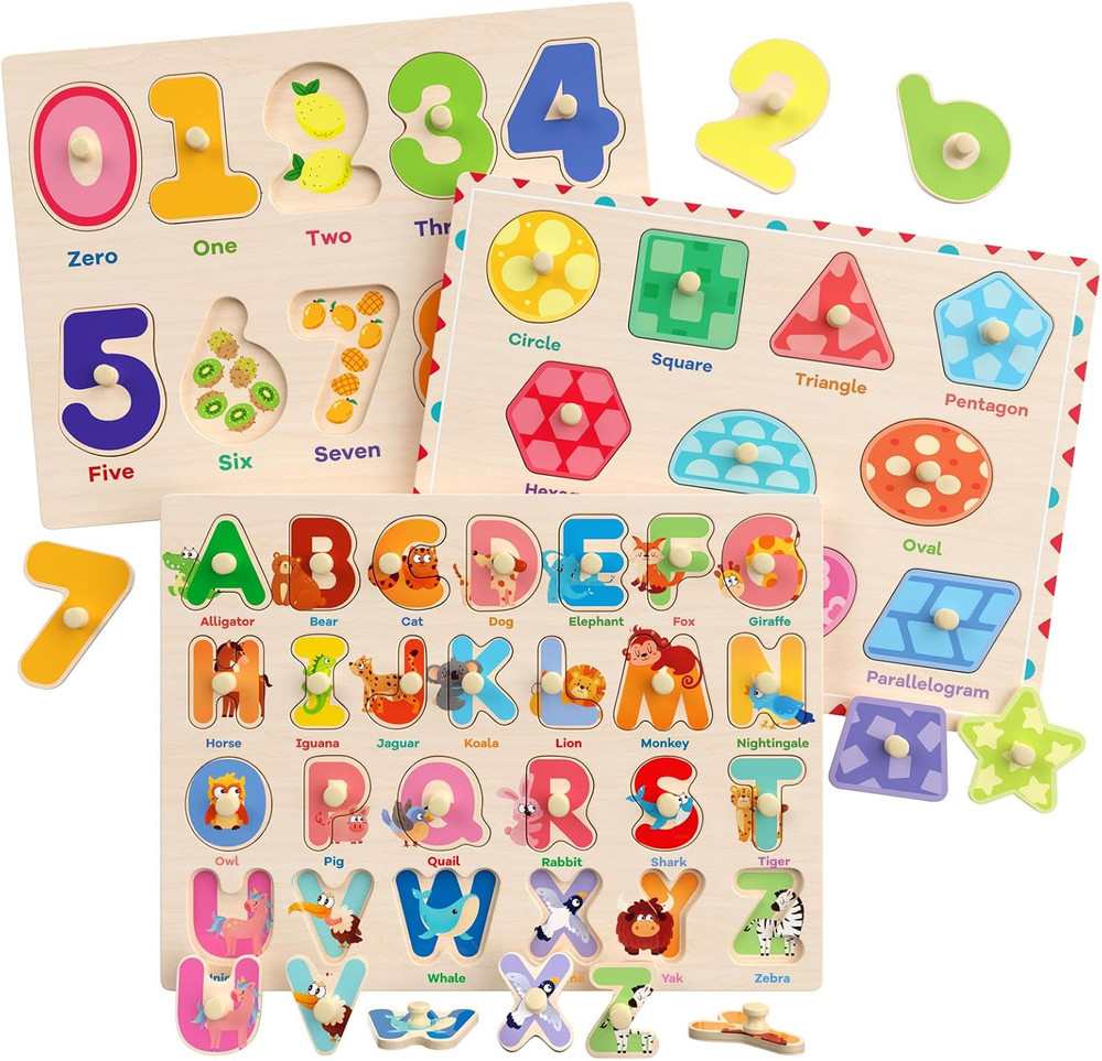 Wooden Montessori Puzzles for Toddlers, 3 Pack ABC, Number and Shape