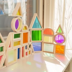 Wood Building Blocks Set for , 32 Pcs Rainbow Stacker Stacking Game Construct…