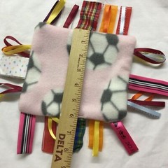 Taggie Baby Toy Soccer theme Handmade New. Sensory Tactile Pink with Soccerballs