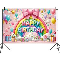 Rainbow Happy Birthday Backdrop Banner Cute Pink Rainbow Photography Backgrou…