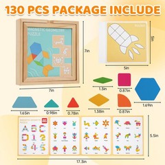Wooden Magnetic Pattern Blocks Set, 130 PCS Montessori Tangram Puzzle with De…