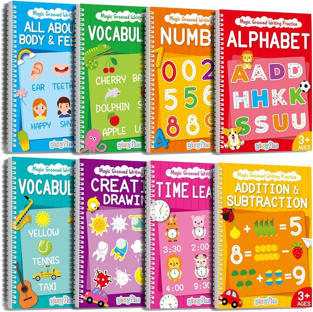 8pc Magic Grooved Handwriting Practice Books Reusable Kids Tracing Workbook Set