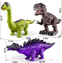 3 Pack Walking Dinosaur Toys with Sound Light Up Brachiosaurus Stegosaurus