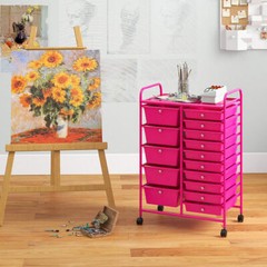 15-Drawer Utility Rolling Organizer Cart MultiUse Storage-Pink – Color: Pink